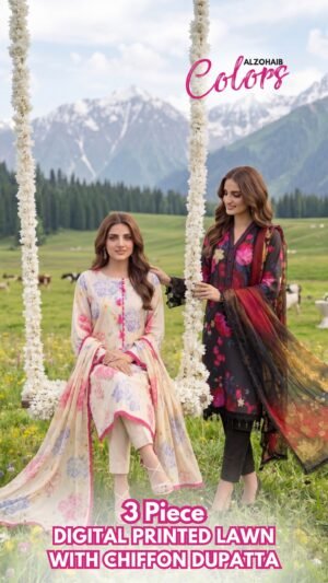 az colors digital printed lawn with chiffon dupatta