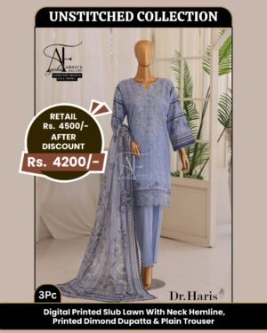 3pc digital printed slub lawn suit by dr. haris